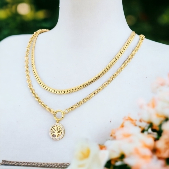 ποΈ18K Gold Plated Double Chain Necklace w/ Rhinestone Tree of Life Pendant π³ - Picture 4 of 7